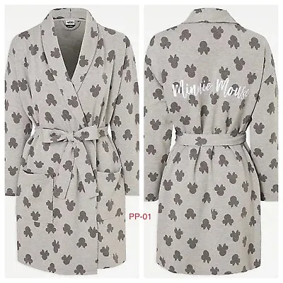 Disney Mickey Minnie Mouse Print Back Logo Grey Dressing Gown Bath Robe New • £27.99