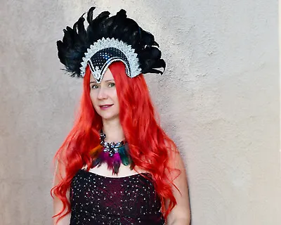 $19.99 • Buy New Genuine Feather Carnival  Headdress Showgirl  Black Silver Headwear
