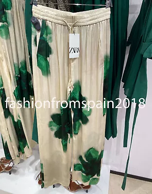 Zara New Woman Mid-rise Zw Printed Pyjama-style Trousers Ecru Green 2183/041 • $59.88