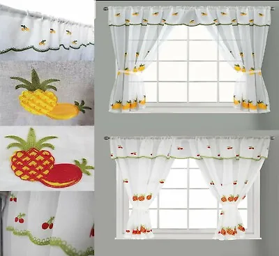£17.49 • Buy New Embroidery Kitchen Window Curtains Set Rod Pocket Attached Valance Tiebacks