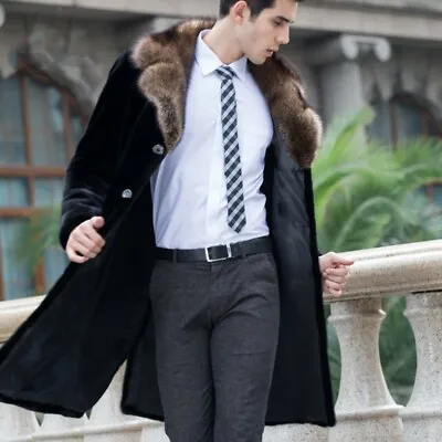 Men Faux Mink Fur Jacket Lapel Fur Collar Coat Mid Long Thicken Parka Overcoat • $100.38