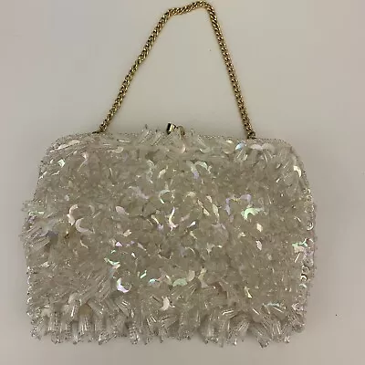 VTG 1960s Crystal Beaded Cha Cha Clutch Iridescent White Evening Cocktail Purse • $47.90