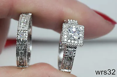 Sterling Silver Princess Cz Vtg Bridal Engagement Wedding Ring Halo Set -4.89 Ct • $16.25