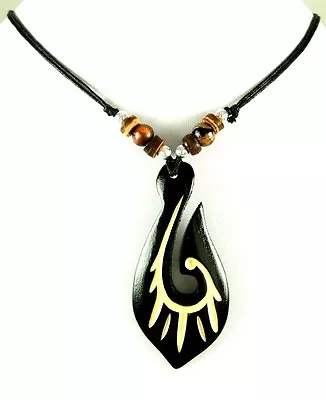 Natural Sono Wood Maori Fish Hook Hei Matau Pendant Surfer Cord Necklace  CA131 • $17.99