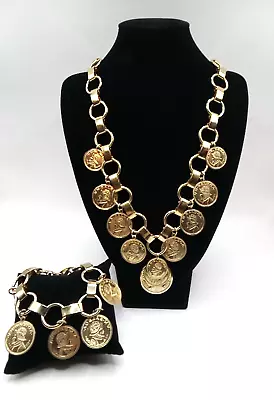 Vintage Panama BALBOA VN Spanish Coin Necklace Gold Tone 18  And Bracelet 6.5  • $32.99
