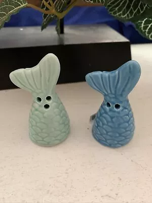 Cracker Barrel Mermaid Tail Ceramic Mini Salt & Pepper Shaker Set Blue Green New • $5.60