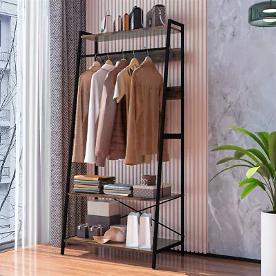 Industrial Open Wardrobe Clothes Rail Rack Bedroom Rustic Wood Metal Frame Shelf • £83.95