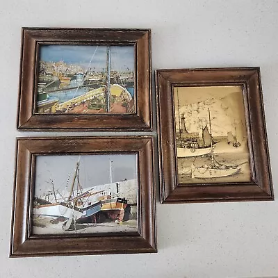 Dufex Foil Print Fishing Boats Gold And In Color Framed Vintage 3 Count • $10