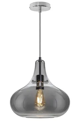 Modern Smoky Grey Glass Ceiling Hanging Pendant Light Teardrop Style Shade M0240 • £48.99