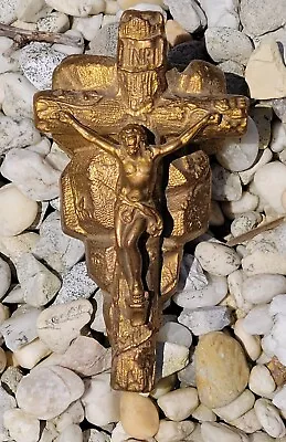 ANTIQUE  ART NOUVEAU  GOLD GILT JESUS CRUCIFIX Mt. CALVARY PAPERWEIGHT U.S.A.  • $29.99