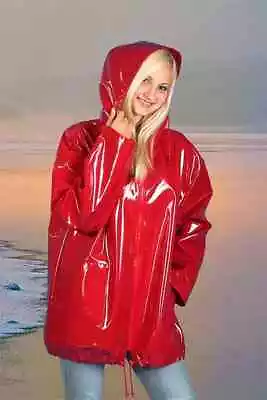 Women's Red PVC Vinyl Trench Jacket Hoodie Coat Raincoat Waterproof All Sizes • $82.49