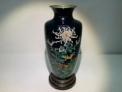 Meiji Japan Cloisonne Vase Chrysanthemums Silver Wire Green Enamel Interior • $695