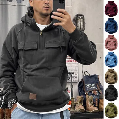 Mens Cargo Hoodies Sweatshirt Vintage Solid Half Zip Pullover Pockets Hooded Top • £18.55