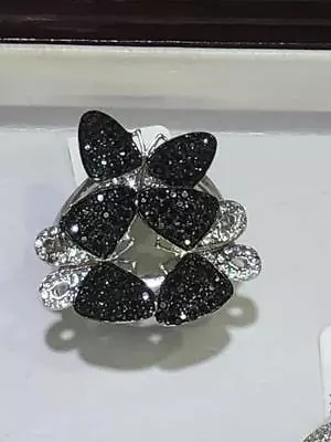 Platinum Sterling Silver Pave Black & White Pave Butterfly Design Ring Size 7 • $84