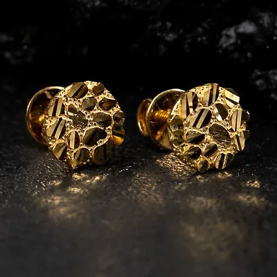 Men's Round Hip Hop Diamond Cut Real 10K Solid Gold Nugget Stud Earrings • $140.99