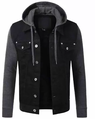 HASHOOB Men's Black Denim Jacket Detachable Hood Windbreaker Stylish Design 42” • £15.50