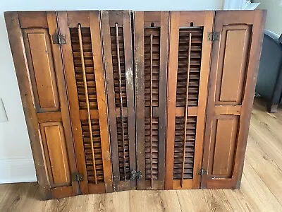 Vtg Pair Rustic Wood Louver Window Shutters Salvage Wooden Trifold 33 H X 39 W • $149.99