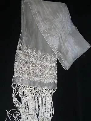 Vintage Elegant Lace Fashion Creme Sheer Scarf Shawl Wrap Stole Tassels EUC! • $30.24