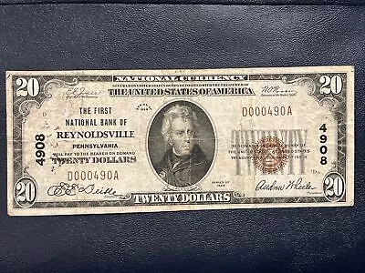 1929 $20 FIRST NATIONAL BANK REYNOLDSVILLE PA NATIONAL CURRENCY Ch# 4908 • $149.99