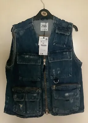 Zara ZW Denim Gilet Waistcoat With Multiple Pockets Size Small • $37.32