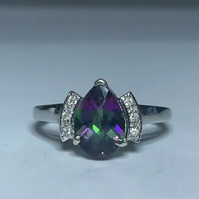 Mystic Topaz 10x7 Pear Shape Checkerboard And Diamond 14kt White Gold Ring • $252