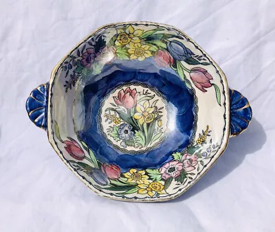 Vintage Maling Pottery “springtime”octagonal Handled Soup Bowl - Blue Lustre • £14