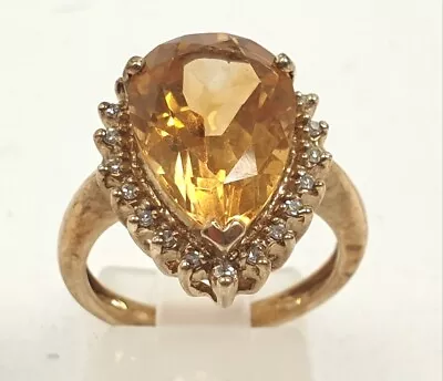 QVC 9ct Yellow Gold Ring Pear Shaped Citrine Surrounded By Diamonds Hallmarked  • £53