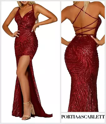 Portia And Scarlett Dress Size UK 10 Evening Cocktail Sequins Fishtail Deep Red • £250