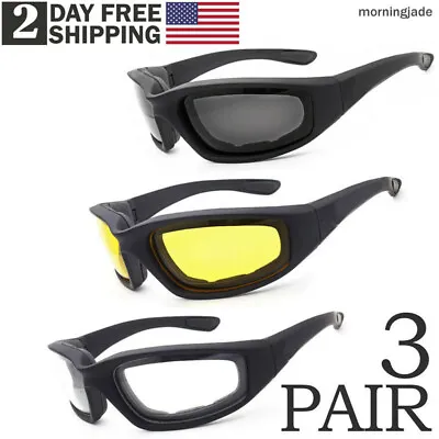 3 Pair Chopper Riding Motorcycle Glasses Clear Smoke Yellow Padded Comfortable • $9.30