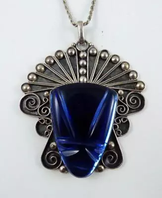 C1950s JLF Jose Luis Flores Mexico .925 Blue Glass Mask 24  Chain Necklace • $99