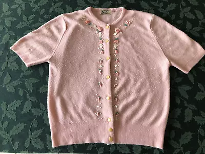 Vintage Pink Beaded 1950s Short Sleeve Dupont Turbo Orlon Cardigan Sweater Small • $12