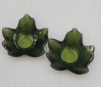 2 Green Glass Textured Candle Holders Leaf Shaped 5 X5  Vintage  • $14