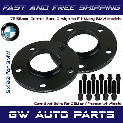 $59.86 • Buy 2Pc Black Anodized BMW 5x120 Wheel Spacers Kit 10mm Thick I.D 72.56mm With Bolts