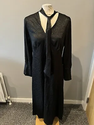 Ladies River Island Black Animal Print Long Sleeve Tie Neck Midi Dress Size 14  • £12