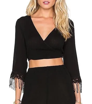 L Space Womens Cropped Eternity Duet Wrap Top Large Black Tie Button Fringed $79 • $25.98