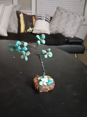  Vintage Tiny Stone Tree With Turquoise And Coral Flowers In Wood Base • $5