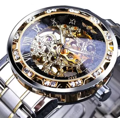 Men's Watches Skeleton Watch Mechanical Movement Stainless Steel Transparent UK • £20.99