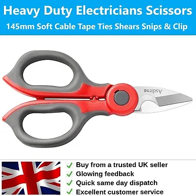 Heavy Duty Electricians Scissors 145mm Soft Cable Tape Ties Shears Snips & Clip • £19.95