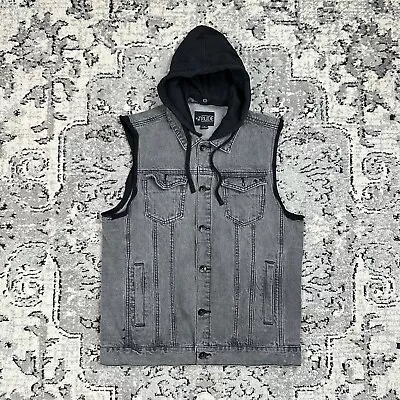 XXX Rude Hot Topic Denim Vest Hooded Mens Medium Gray Stone Wash Metal Goth Punk • $29.99