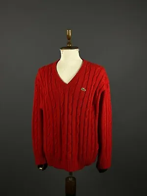 Men Chemise Lacoste Red V-Neck Vintage Cable Knit Jumper Sweater Size 6 / XL • £35.99