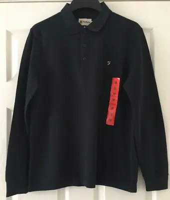FARAH MODERN Fit Long Sleeve Organic Cotton Mesh Polo Shirt ~ NAVY~ M • £19.99