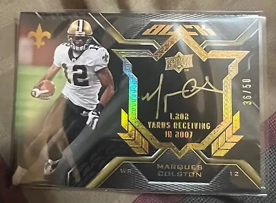 09 Ud Black Marques Colston Gold Ink Saints On Card Stats Auto #36/50 • $89