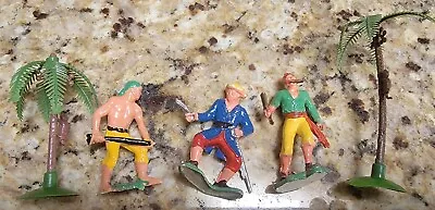 VTG 1950's 60's Lot 5 Tiki Plastic Pirate Action Figures & Trees 2  Cake Toppers • $11.96
