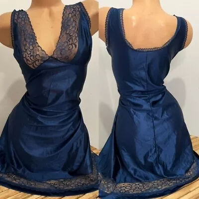 VINTAGE SILKY BLUE SLIP DRESS LINGERIE FULL FIGURE Sz 44 • $8.01