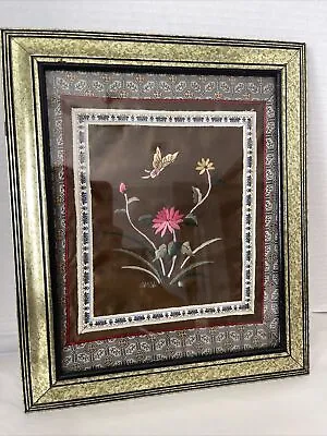 Vintage Asian Embroidery Butterfly Floral Silk Tapestry Gold Frame 10x12” • $42.25