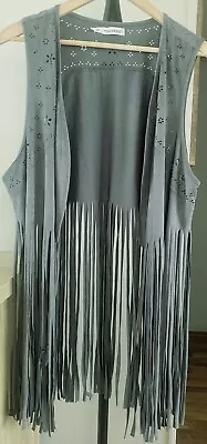 Maurices 1X Suede Boho Fringe Western Open Vest Gray • $6