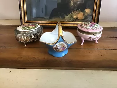 Lot Of One Limoge Trinket Basket And Two Hinged Trinket Boxes. • $24