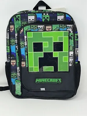 Kids' Minecraft 16  Backpack With Big Face Creeper Attached Keychain Black - NEW • $19.99