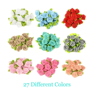 Small Mini Satin Ribbon Rose Buds Flowers With Satin Green Leaves Applique Craft • £5.79