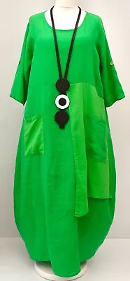 PLUS SIZE LA BASS GREEN LINEN 2 POCKETS LAYERING EXTRA LONG DRESS UK Size 26-28 • $123.09